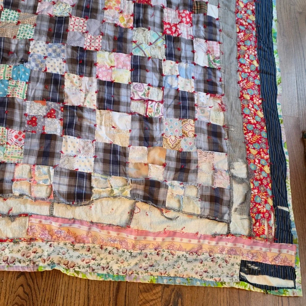 Vintage Handmade Patchwork Quilt Plaid Floral 1960s Farmhouse Americana 70x86